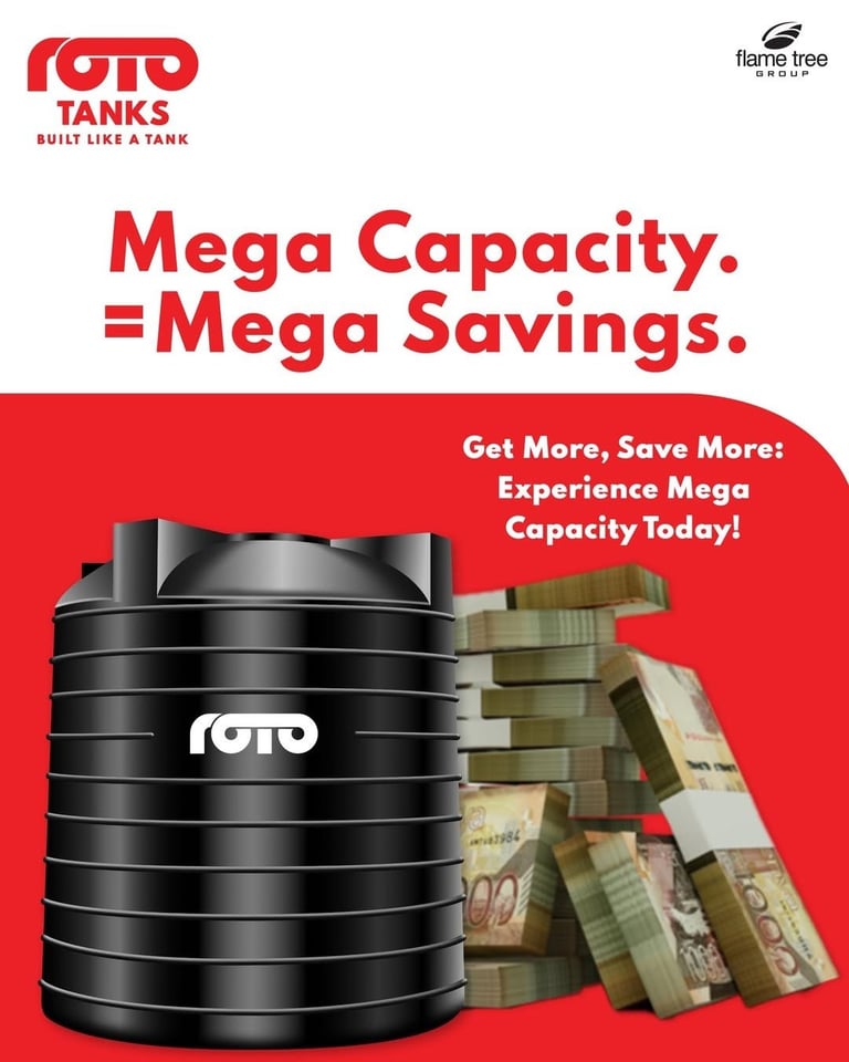JOTO Tanks advertising mega capacity and savings with a black water tank next to stacks of money on red background