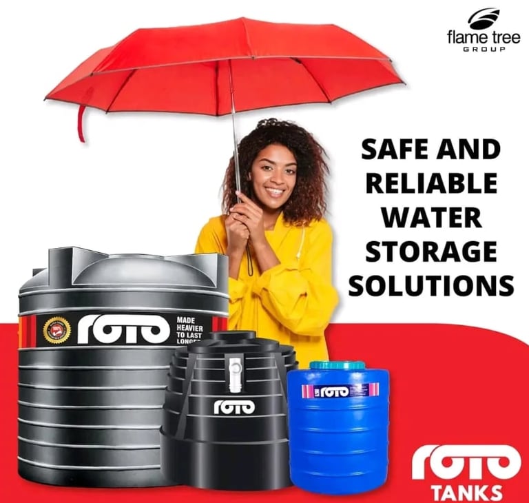 Woman holding red umbrella next to TOTO water storage tanks with text Safe and Reliable Water Storage Solutions